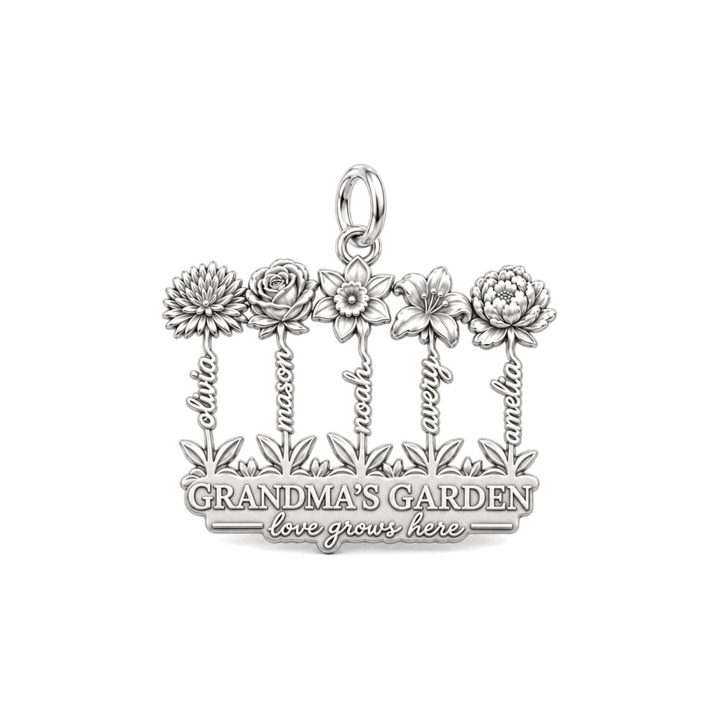 Grandma's Wildflower Garden Charm Bracelet – Personalized Gift – silver plated 3 cm charm, front view