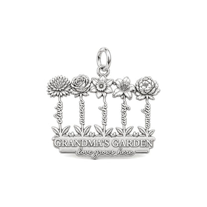 Grandma's Wildflower Garden Charm Bracelet – Personalized Gift – silver plated 3 cm charm, front view