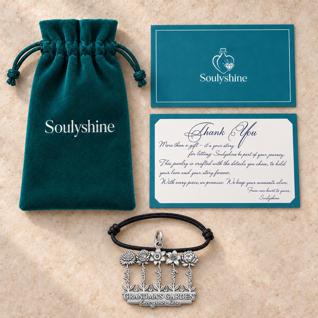 Grandma's Wildflower Garden Charm Bracelet – Personalized Gift – Soulyshine velvet pouch and gift card