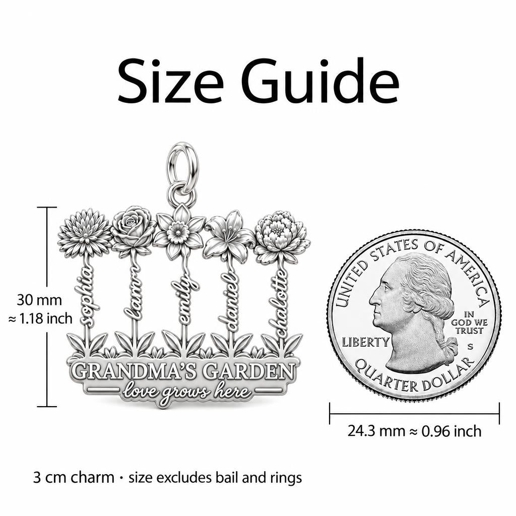 Grandma's Wildflower Garden Charm Bracelet – Personalized Gift – size guide, 3 cm charm next to a quarter