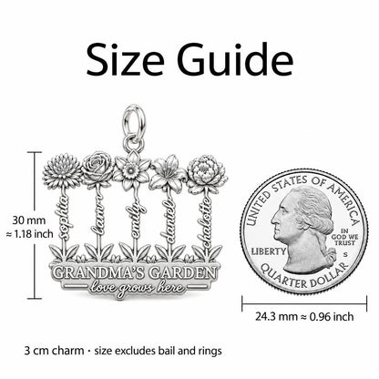 Grandma's Wildflower Garden Charm Bracelet – Personalized Gift – size guide, 3 cm charm next to a quarter