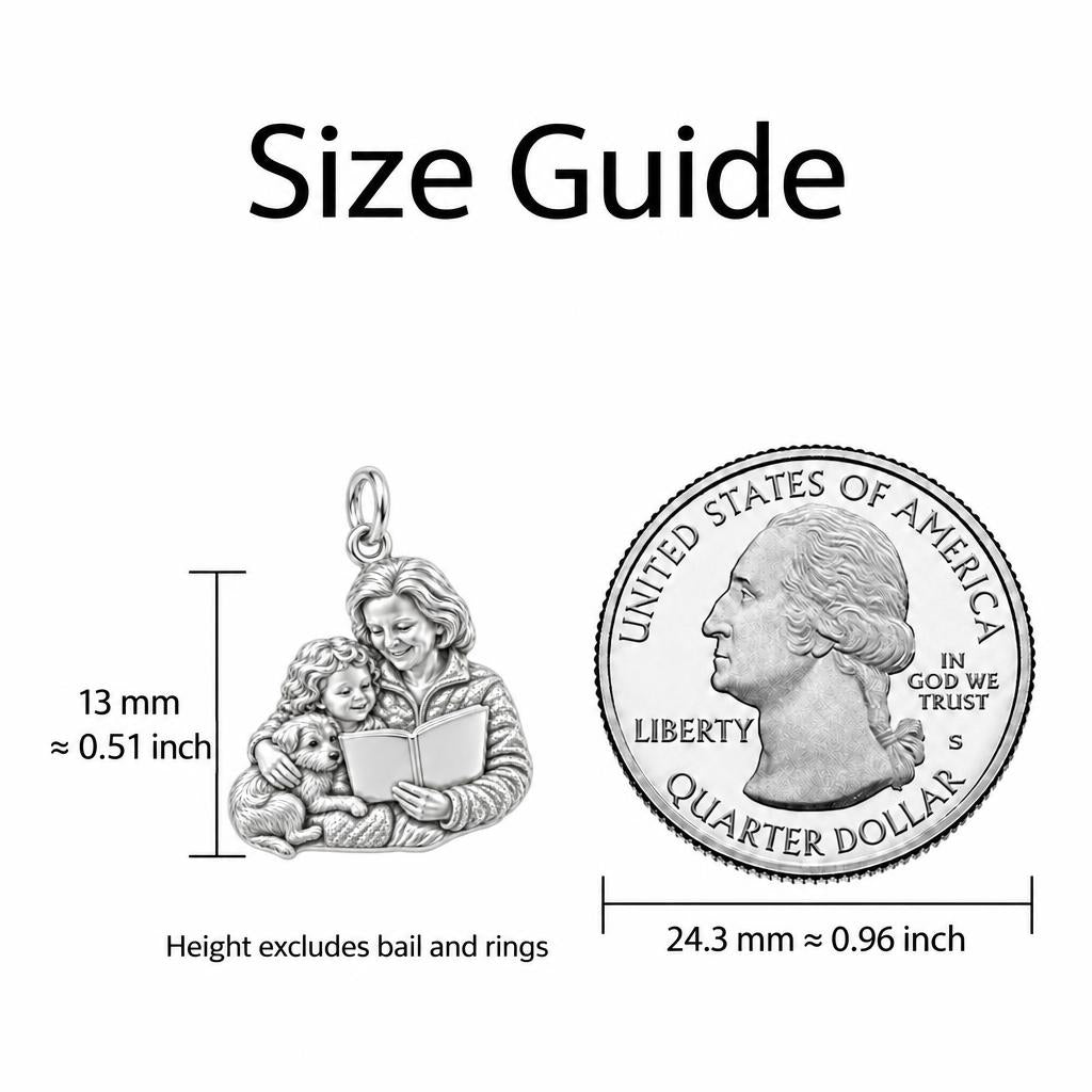 Grandma Storytime Reading Charm Bracelet – Personalized Nana Gift – size guide, 13 mm charm next to a quarter