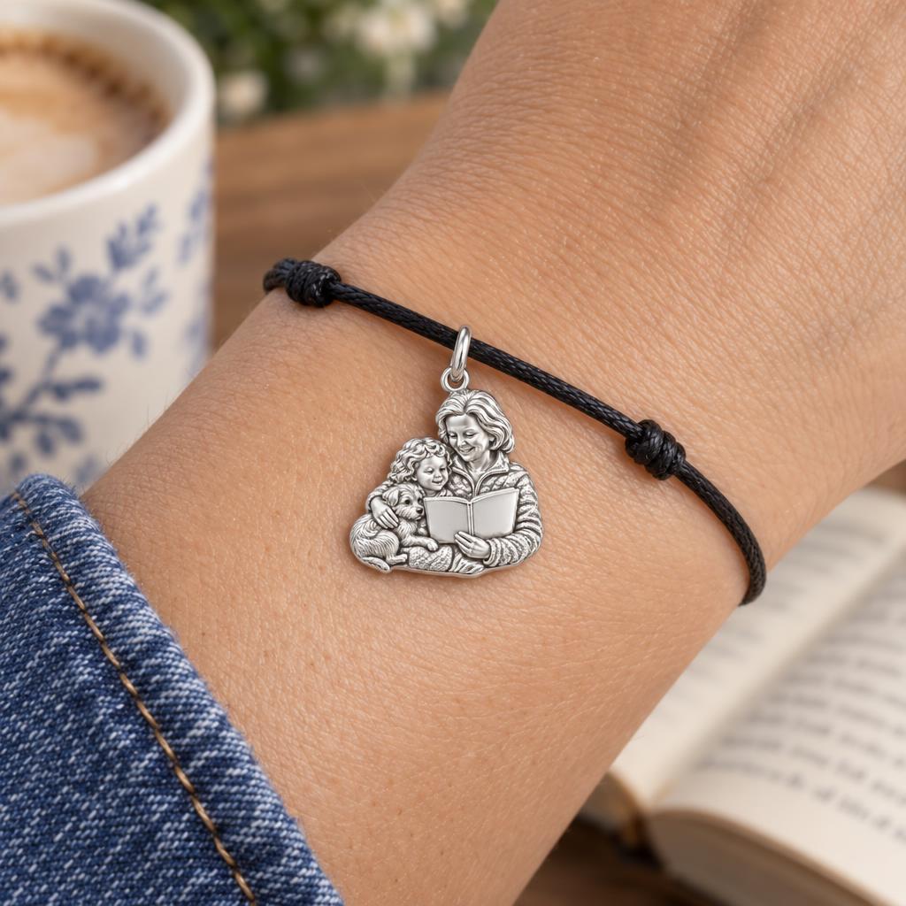 Grandma Storytime Reading Charm Bracelet – Personalized Nana Gift – worn on the wrist on a black cord bracelet
