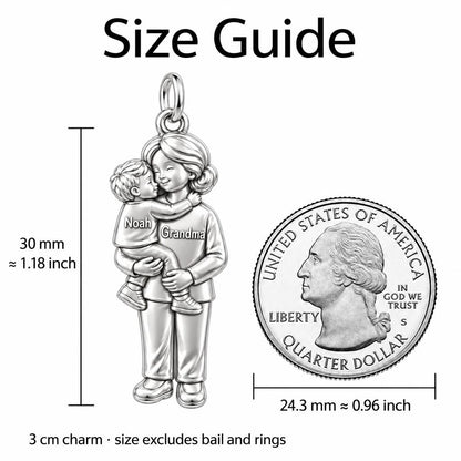 Grandma Sweet Hug Charm Bracelet – Personalized Nana Gift – size guide, 3 cm charm next to a quarter