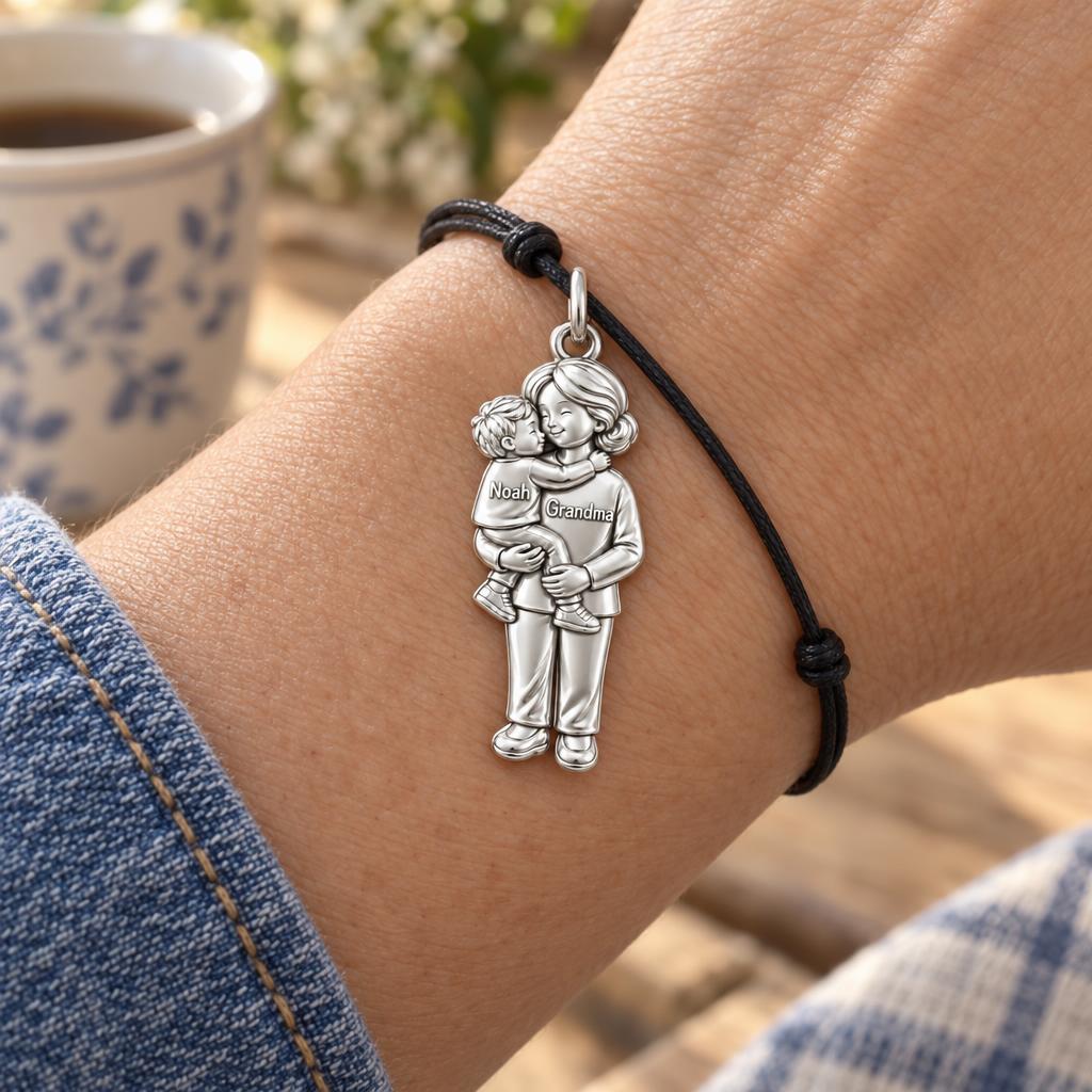 Grandma Sweet Hug Charm Bracelet – Personalized Nana Gift – worn on the wrist on a black cord bracelet