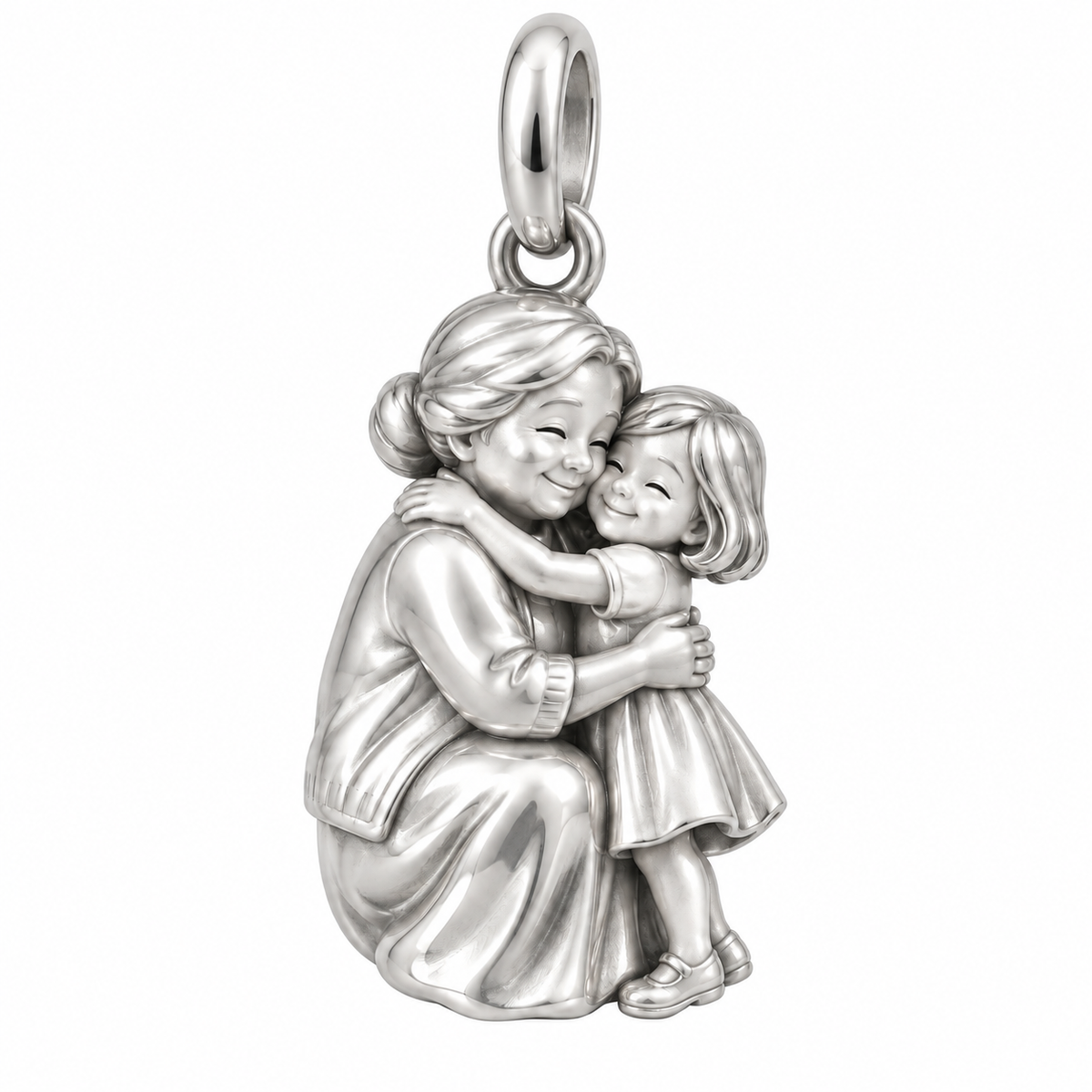 Grandma’s Embrace Charm — silver grandmother and granddaughter hugging