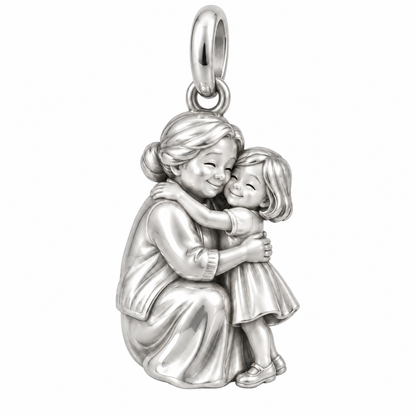 Grandma’s Embrace Charm — silver grandmother and granddaughter hugging