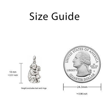Grandma’s Embrace Charm size guide — 13 mm body height excluding bail and rings; quarter 24.3 mm