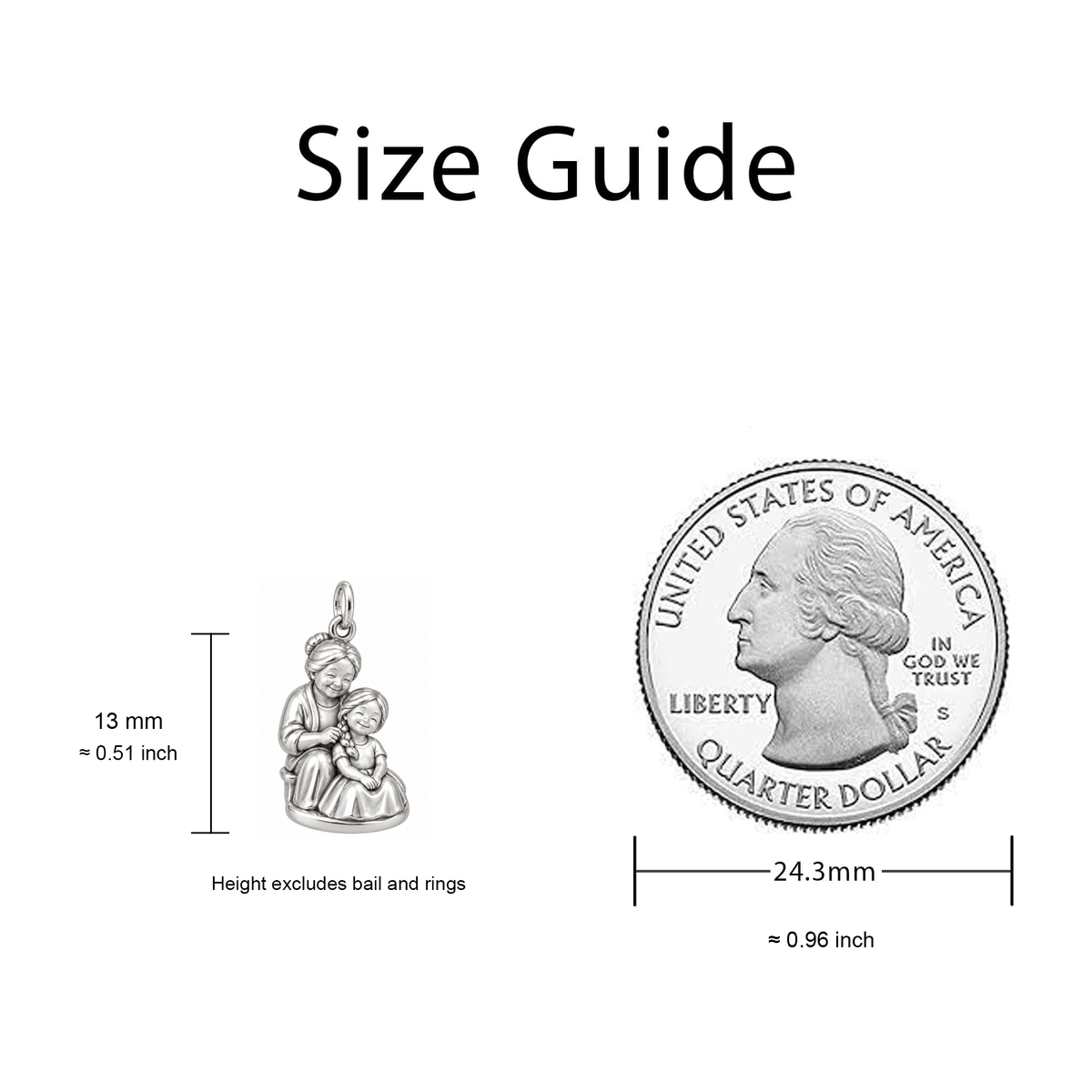 Grandma’s Loving Braid Charm size guide — 13 mm body excluding bail and rings; quarter diameter 24.3 mm
