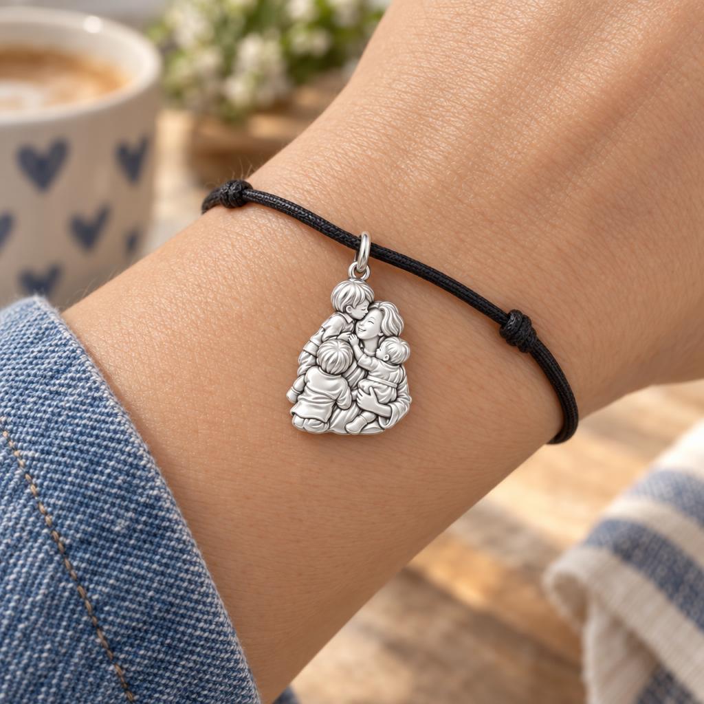 Grandmother's Tender Embrace Charm Bracelet – Personalized Mom Gift – worn on the wrist on a black cord bracelet