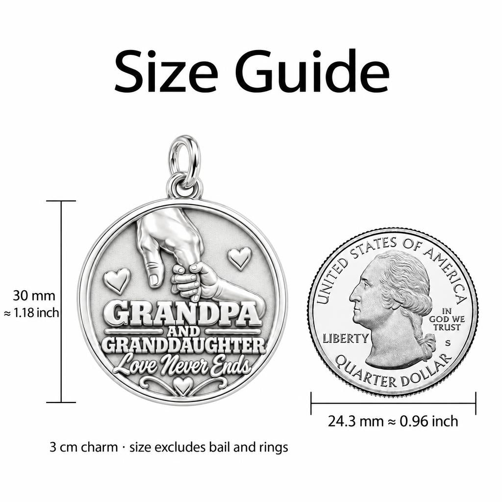 Grandpa and Granddaughter Charm Bracelet – Personalized Gift – size guide, 3 cm charm next to a quarter