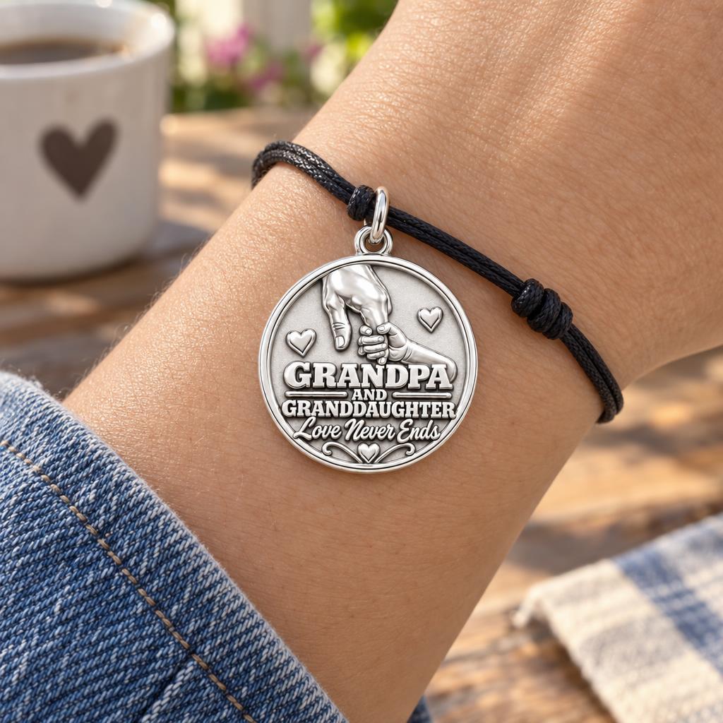 Grandpa and Granddaughter Charm Bracelet – Personalized Gift – worn on the wrist on a black cord bracelet