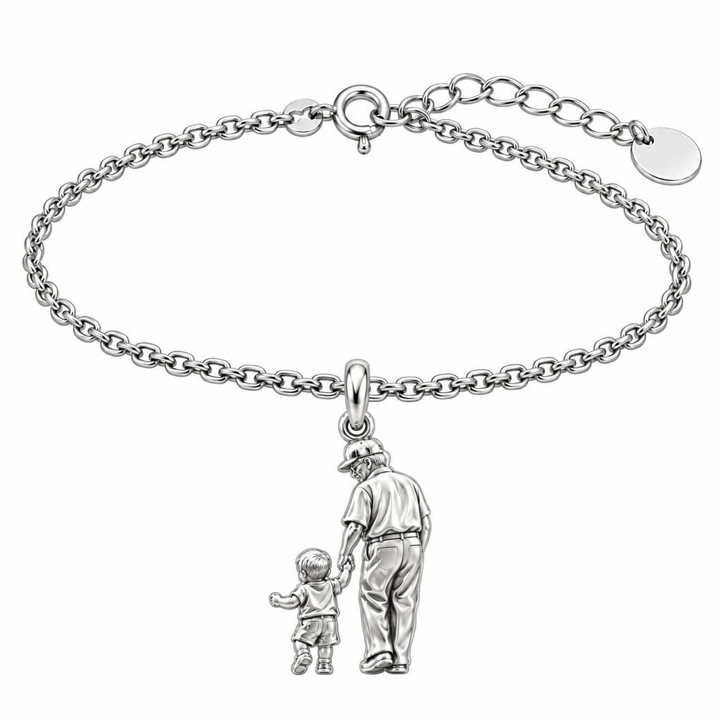 Grandpa and Grandson Hand in Hand Charm Bracelet Set – silver, front view