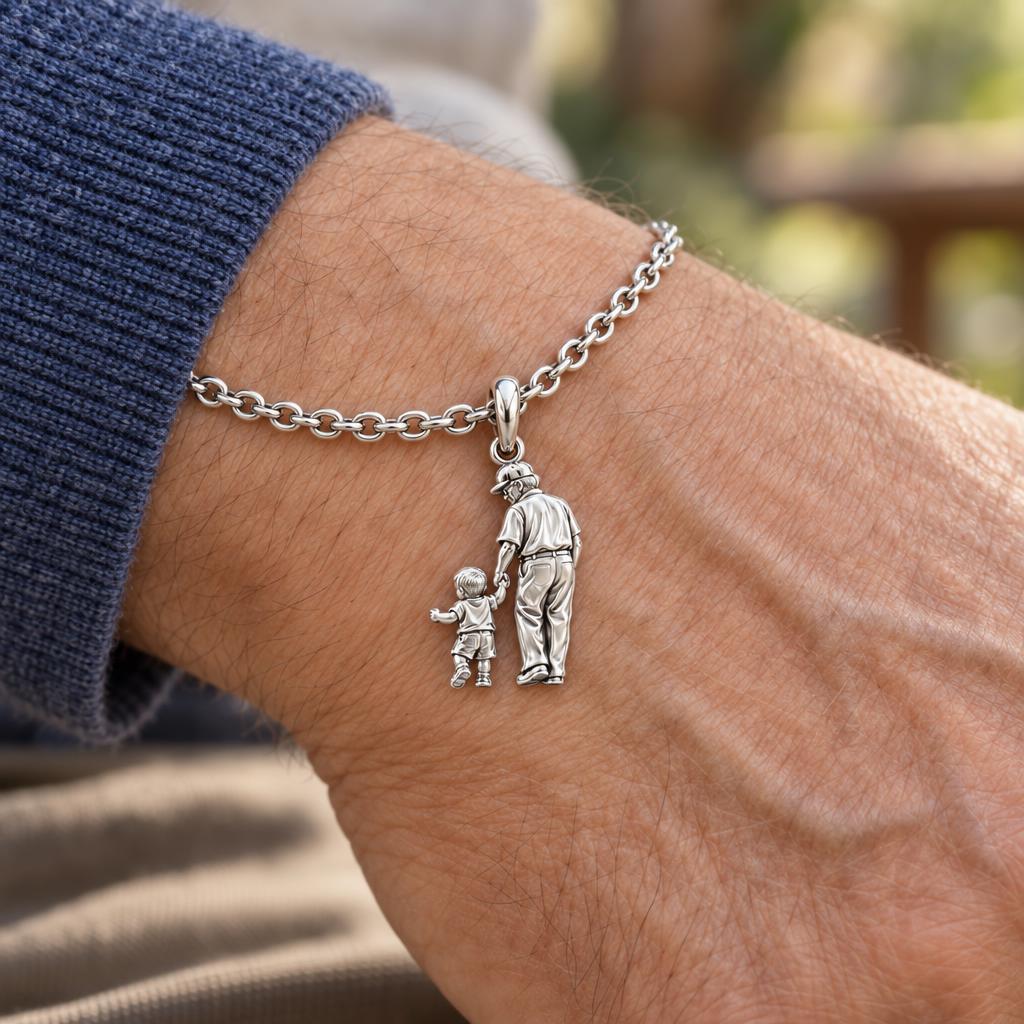 Grandpa and Grandson Hand in Hand Charm Bracelet Set – worn / in use