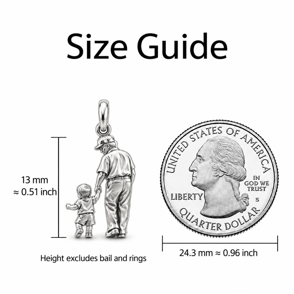 Grandpa and Grandson Hand in Hand Charm Bracelet Set – size guide, 13 mm charm next to a quarter