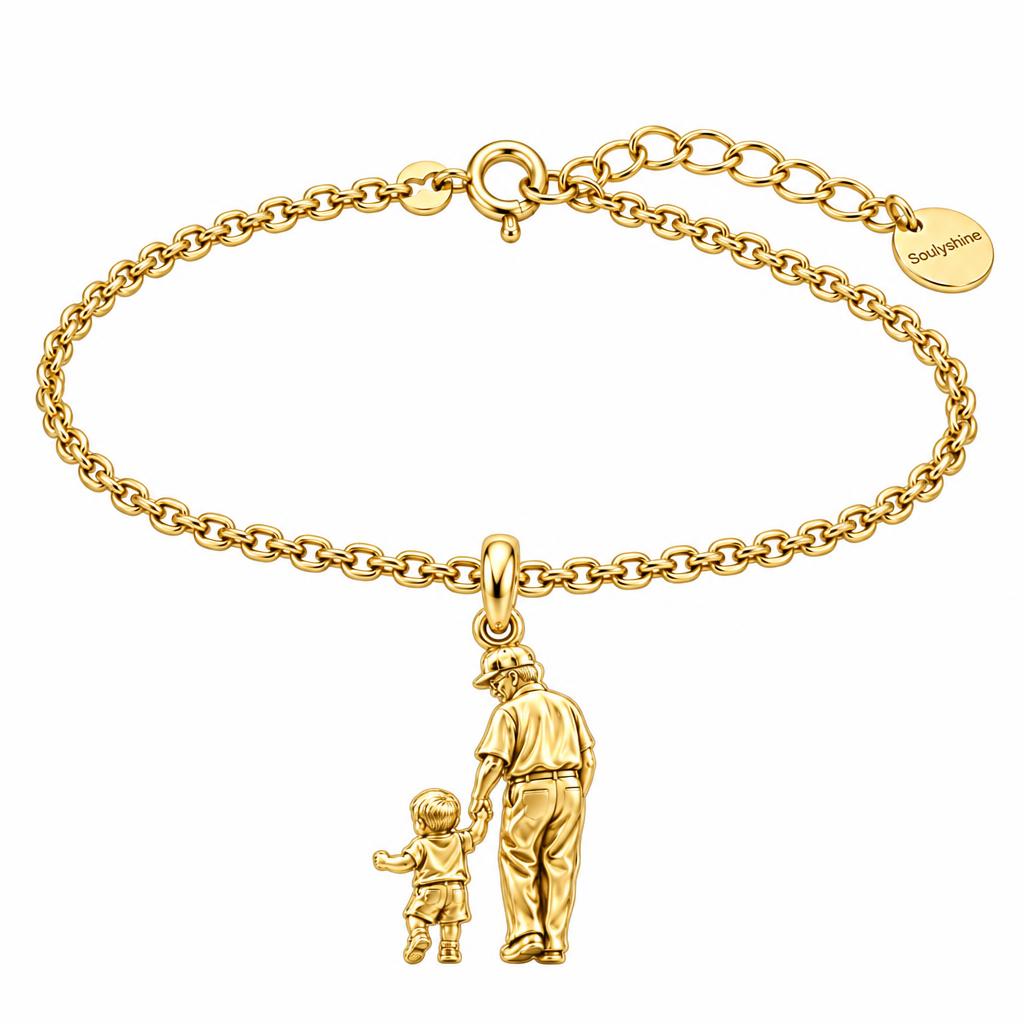 Grandpa and Grandson Hand in Hand Charm Bracelet Set – 18K gold, front view
