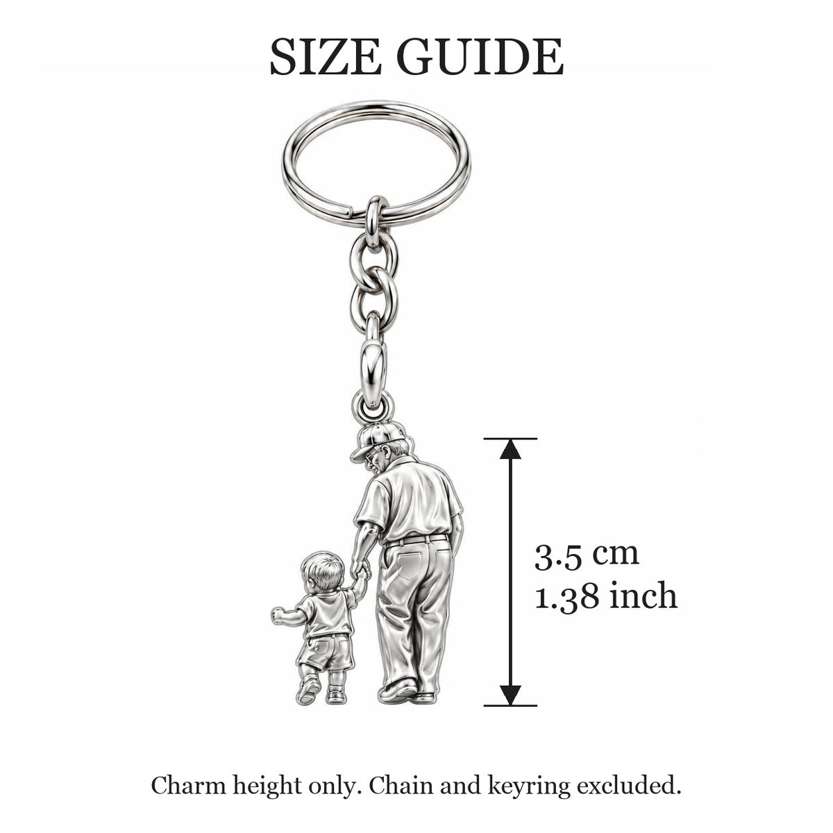 Grandpa and Grandson Hand in Hand Charm Keychain – size guide, 3.5 cm (1.38 in) charm, chain and keyring excluded