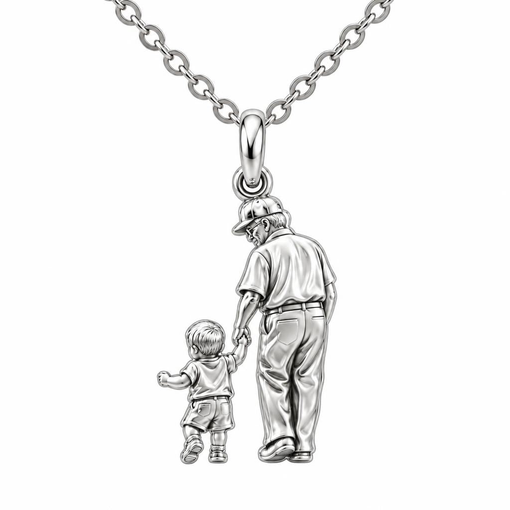Grandpa and Grandson Hand in Hand Charm Necklace Set – silver, front view