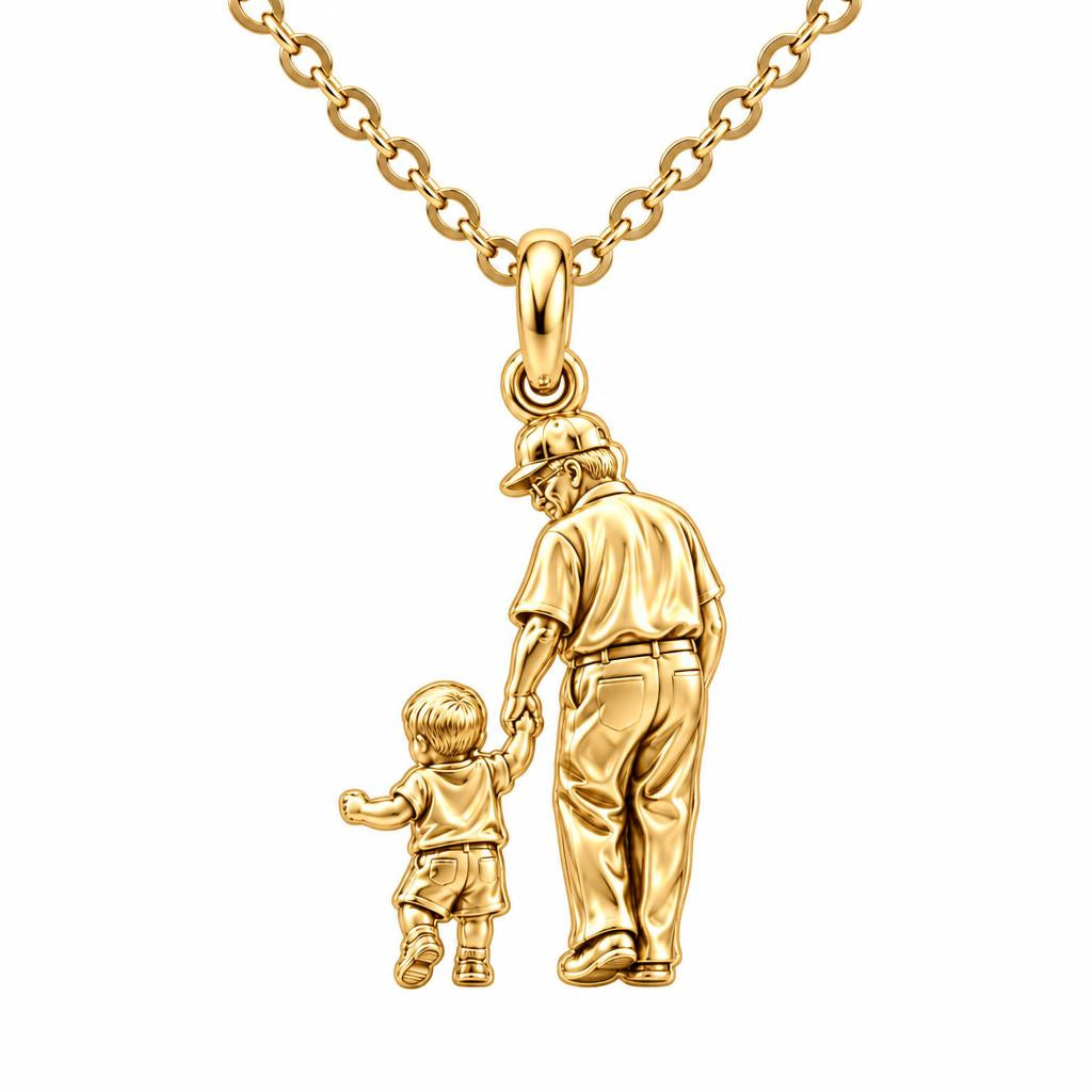 Grandpa and Grandson Hand in Hand Charm Necklace Set – 18K gold, front view