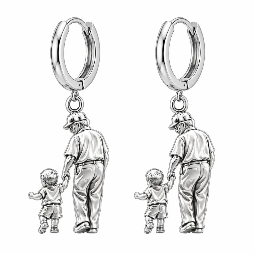 Grandpa and Grandson Hand in Hand Huggie Charm Earrings – silver, front view
