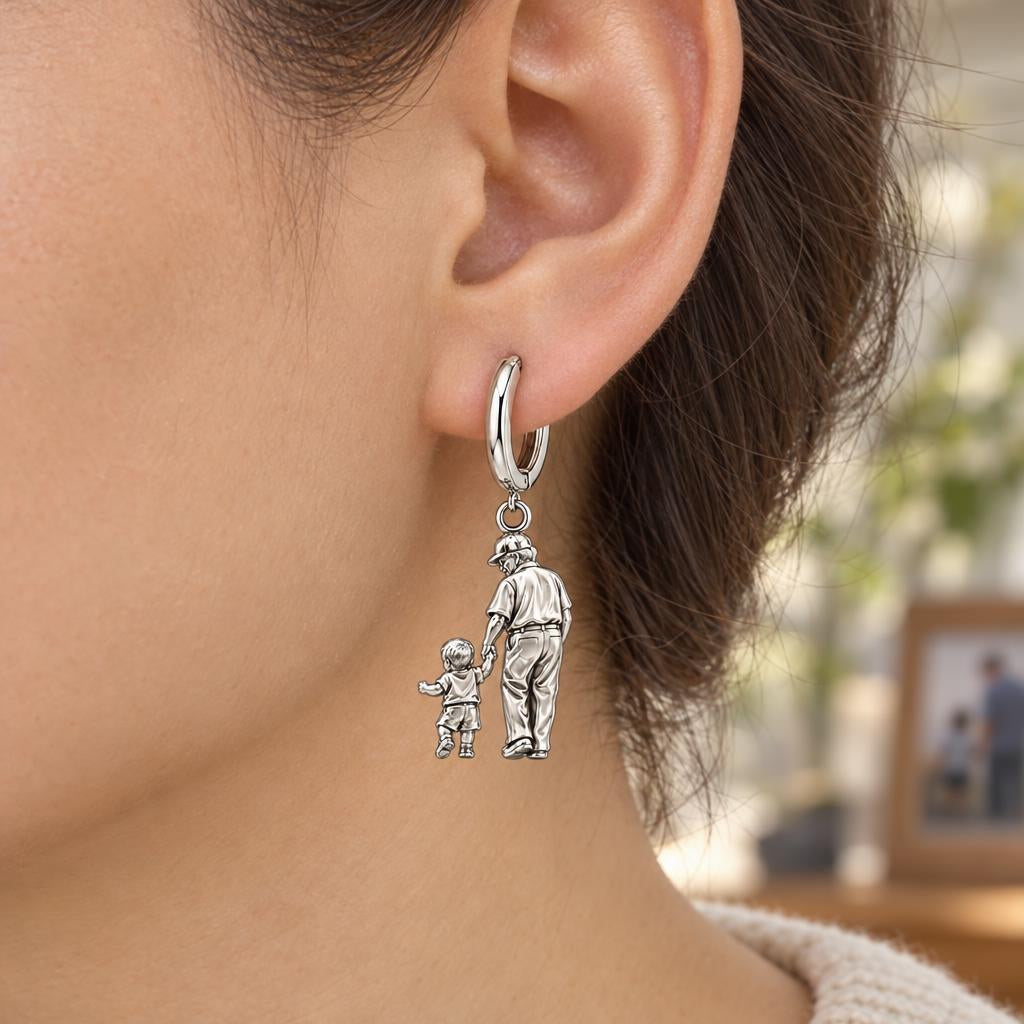 Grandpa and Grandson Hand in Hand Huggie Charm Earrings – worn / in use