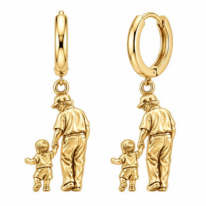 Grandpa and Grandson Hand in Hand Huggie Charm Earrings – 18K gold, front view