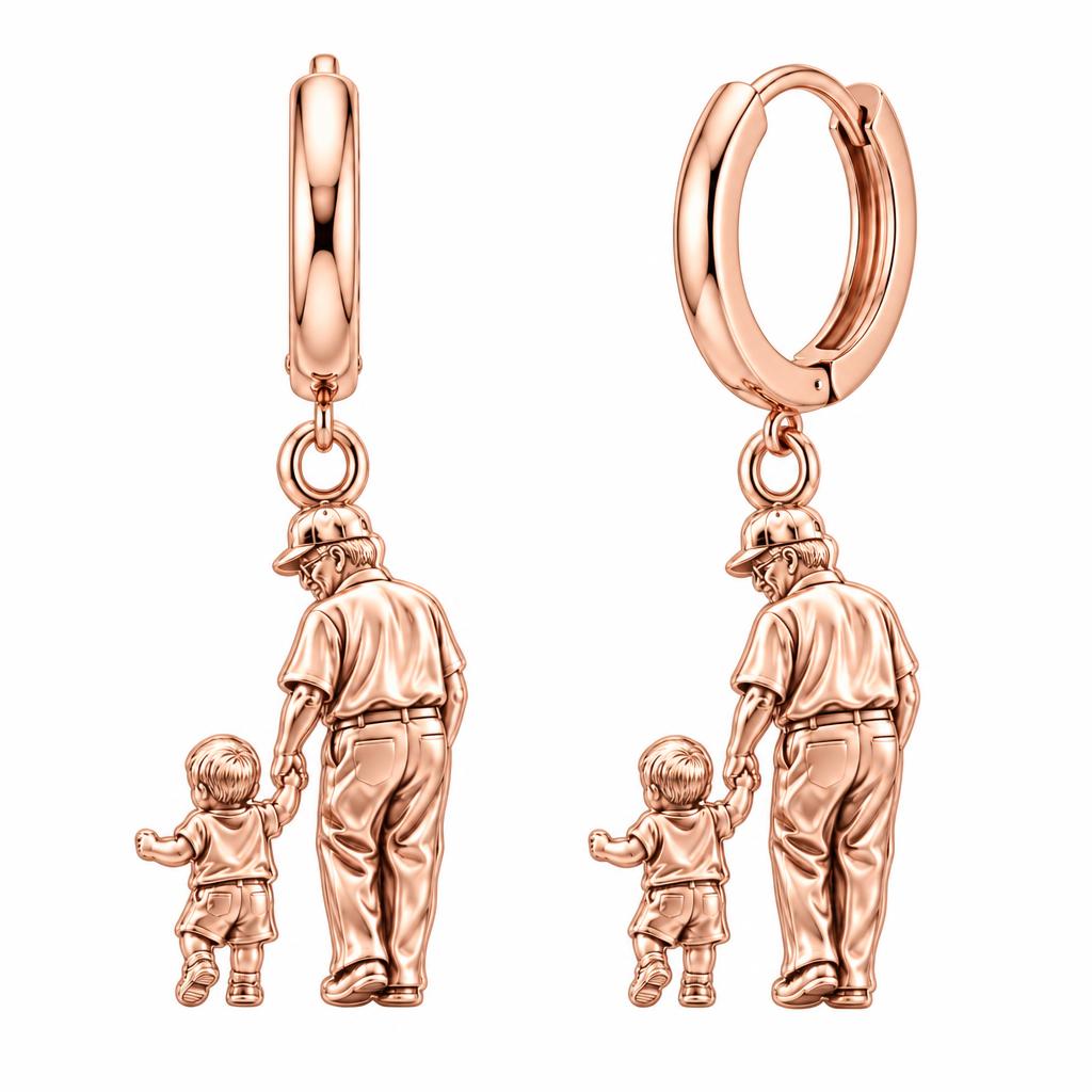 Grandpa and Grandson Hand in Hand Huggie Charm Earrings – rose gold, front view