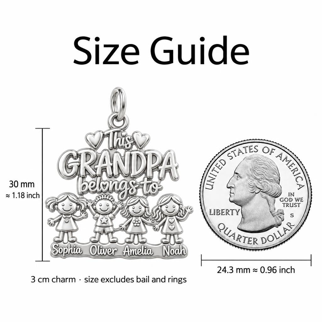 Grandpa’s Cherished Grandkids Charm Bracelet – Personalized Grandpa – size guide, 3 cm charm next to a quarter