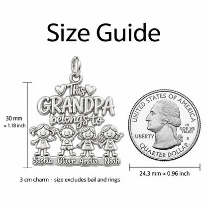 Grandpa’s Cherished Grandkids Charm Bracelet – Personalized Grandpa – size guide, 3 cm charm next to a quarter
