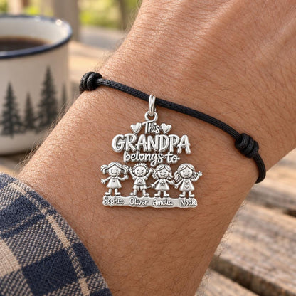 Grandpa’s Cherished Grandkids Charm Bracelet – Personalized Grandpa – worn on the wrist on a black cord bracelet