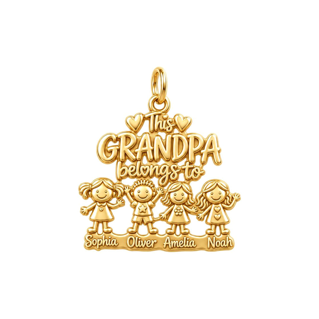 Grandpa’s Cherished Grandkids Charm Bracelet – Personalized Grandpa – 18K gold plated 3 cm charm, front view