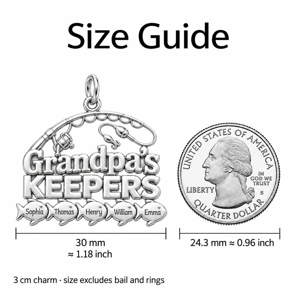 Grandpa's Keepers Charm Bracelet – Personalized Grandpa Gift – size guide, 3 cm charm next to a quarter