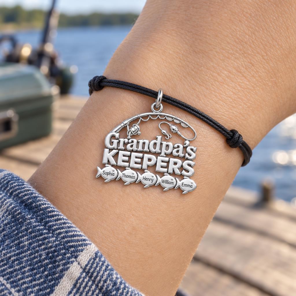 Grandpa's Keepers Charm Bracelet – Personalized Grandpa Gift – worn on the wrist on a black cord bracelet