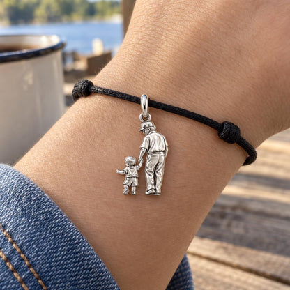 Grandpa's Little Treasure Photo Charm Bracelet - Personalized Grandpa Gift – worn on the wrist on a black cord bracelet