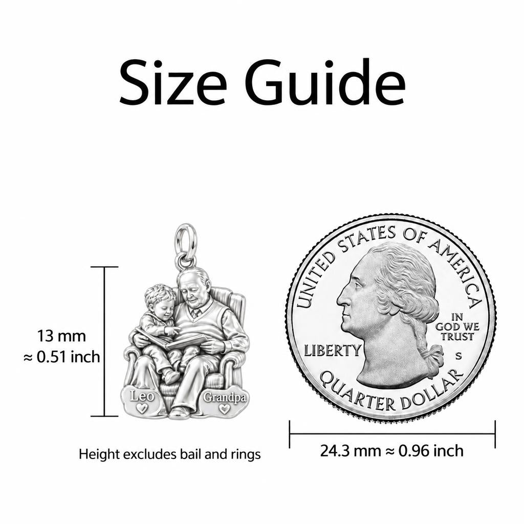 Grandpa's Storytime Charm Bracelet – Personalized Grandpa Gift – size guide, 13 mm charm next to a quarter