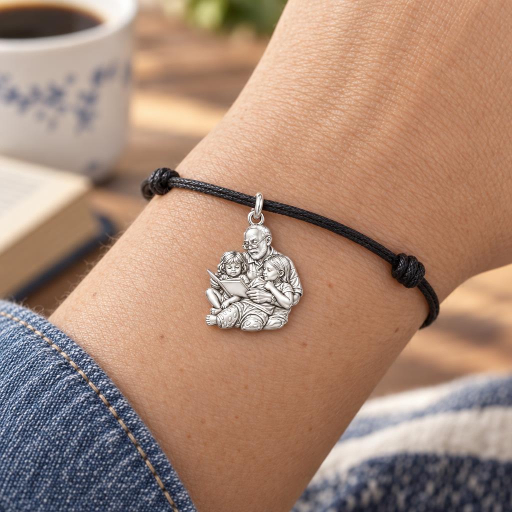Grandpa Storytime Charm Bracelet – Personalized Nana Gift – worn on the wrist on a black cord bracelet