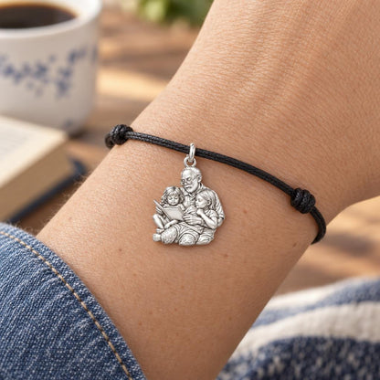 Grandpa Storytime Charm Bracelet – Personalized Nana Gift – worn on the wrist on a black cord bracelet