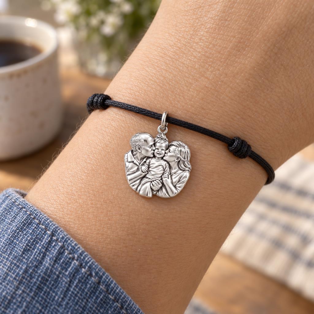 Grandparents Love Portrait Charm Bracelet – Personalized Nana Gift – worn on the wrist on a black cord bracelet