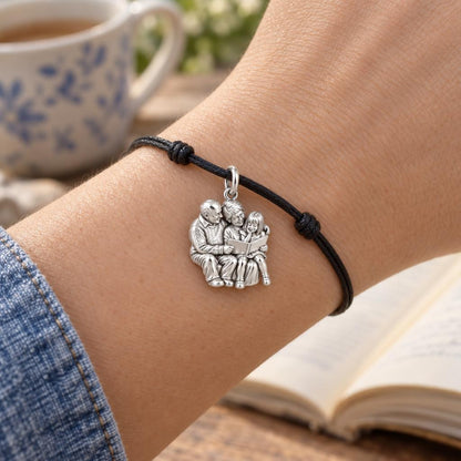 Grandparents Reading Together Charm Bracelet – Personalized Nana Gift – worn on the wrist on a black cord bracelet