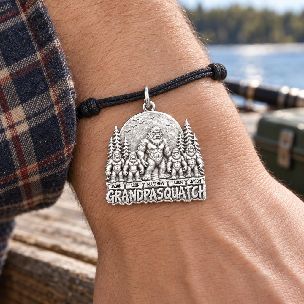 Grandpasquatch Legend Charm Bracelet – Personalized Grandpa Gift – worn on the wrist on a black cord bracelet