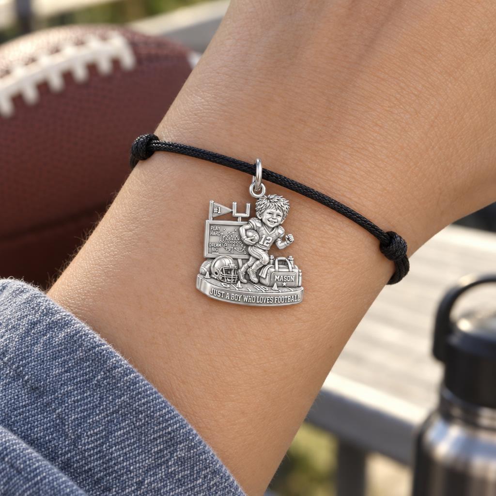 Gridiron Dreams Charm Bracelet – Personalized Mom Gift – worn on the wrist on a black cord bracelet