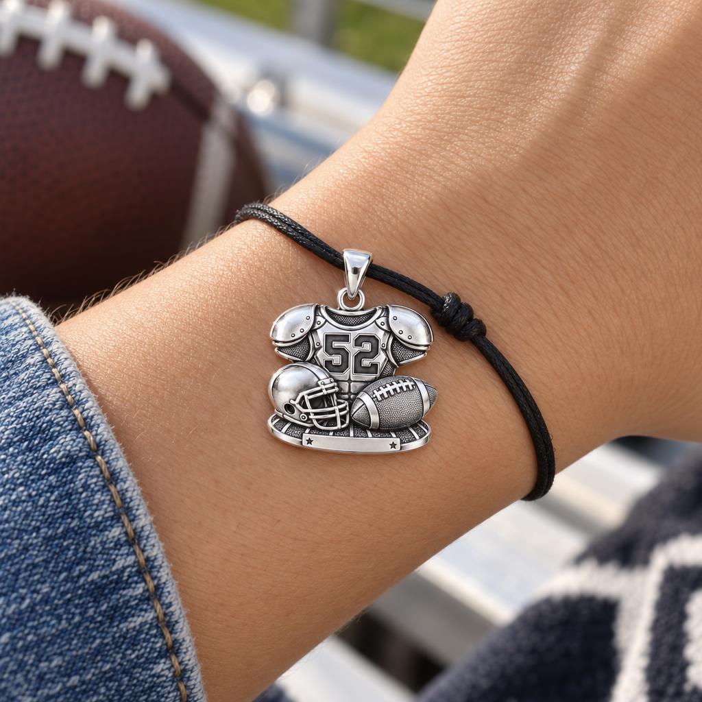 Gridiron Glory Gear Charm Bracelet – Personalized Mom Gift – worn on the wrist on a black cord bracelet