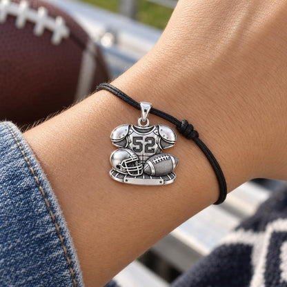 Gridiron Glory Gear Charm Bracelet – Personalized Mom Gift – worn on the wrist on a black cord bracelet