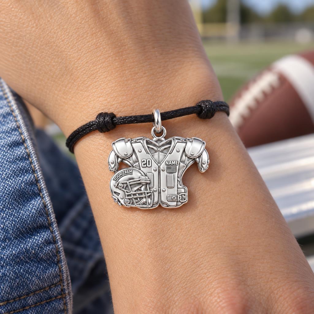 Gridiron Glory Jersey Charm Bracelet – Personalized Mom Gift – worn on the wrist on a black cord bracelet