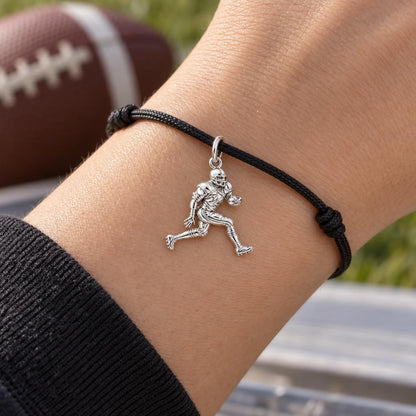 Gridiron Glory Player Charm Bracelet – Personalized Athlete Gift – worn on the wrist on a black cord bracelet