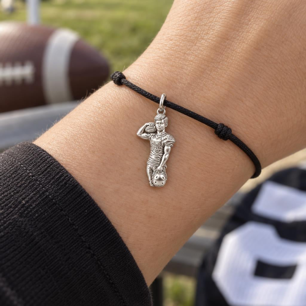 Gridiron Hero Photo Charm Bracelet – Personalized Mom Gift – worn on the wrist on a black cord bracelet