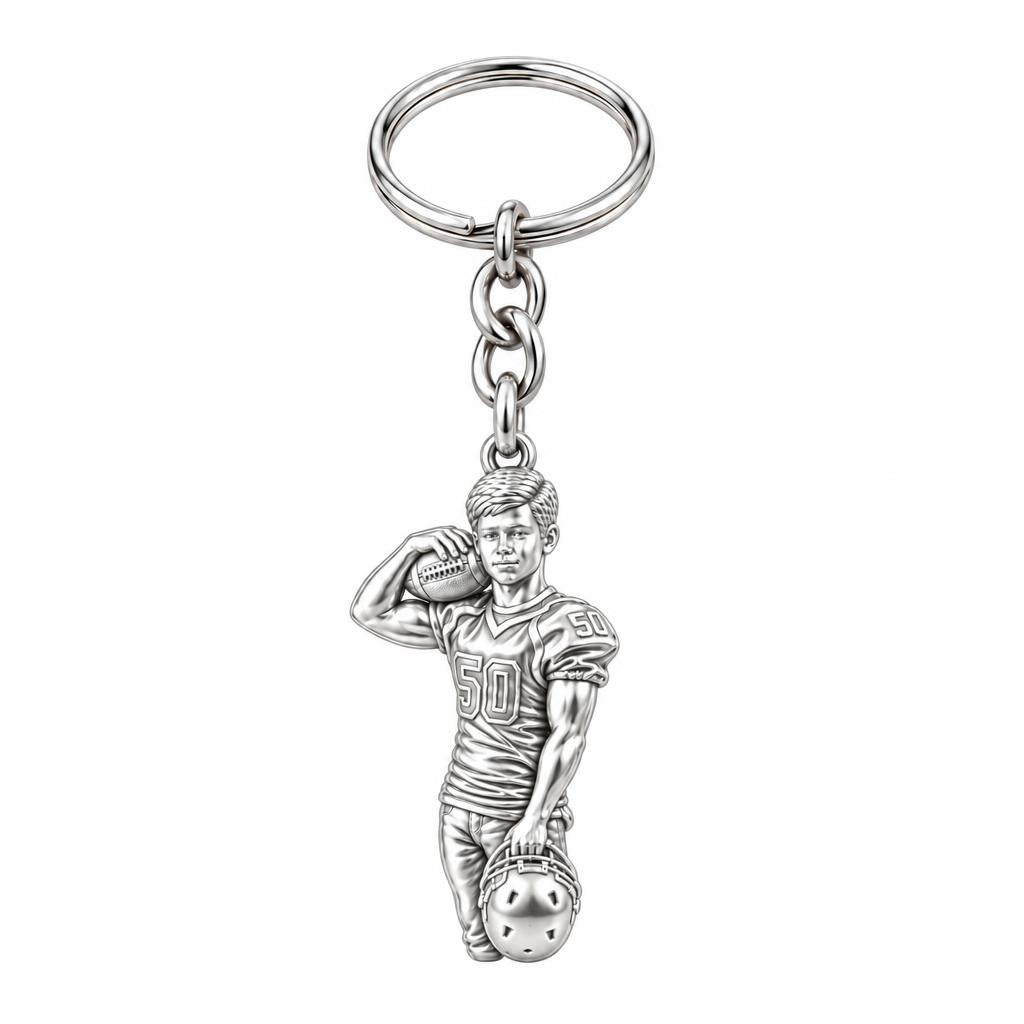 Gridiron Hero Photo Sculpt Charm Keychain – silver, front view