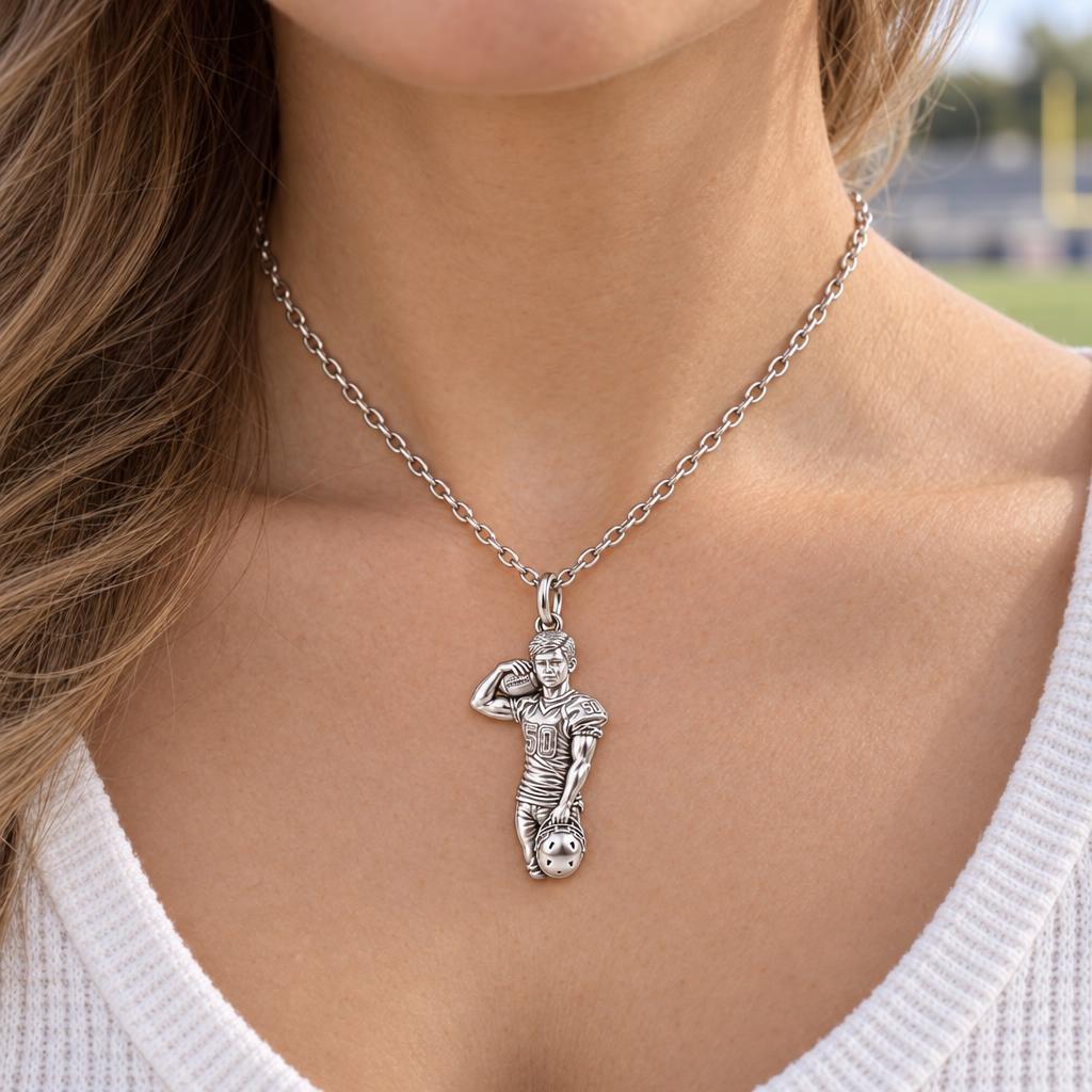 Gridiron Hero Photo Sculpt Charm Necklace Set – worn / in use