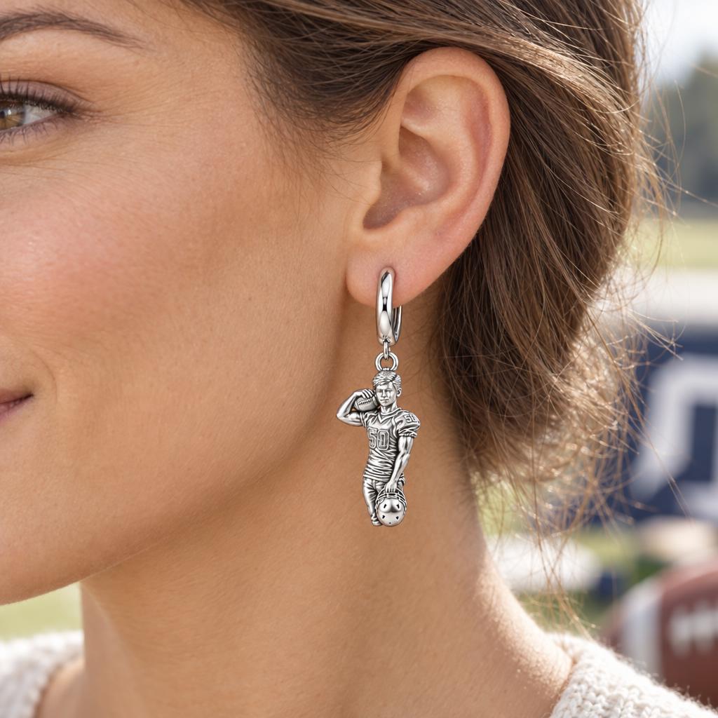Gridiron Hero Photo Sculpt Huggie Charm Earrings – worn / in use