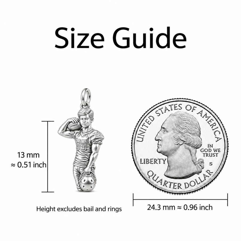 Gridiron Hero Photo Sculpt Huggie Charm Earrings – size guide, 13 mm charm next to a quarter